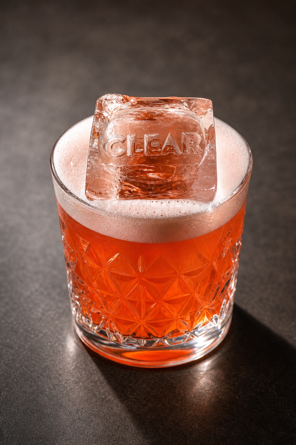 Full Proof cocktail with branded clear ice cube.